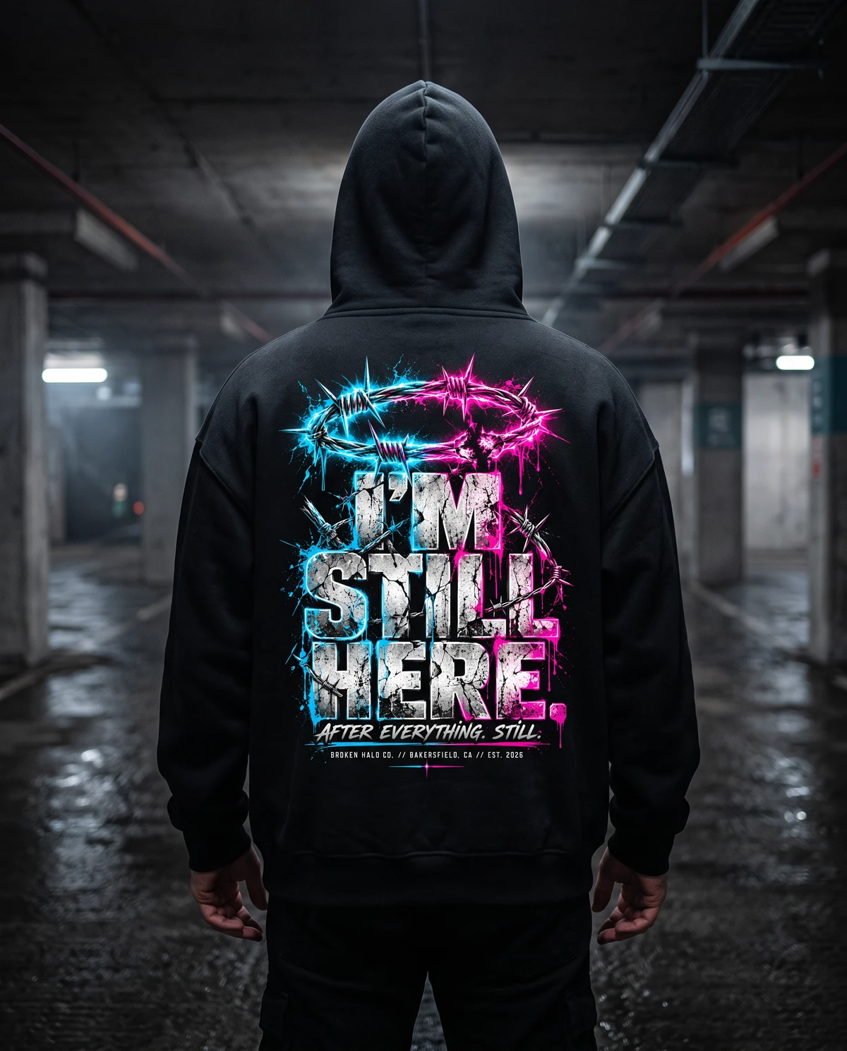STILL HERE black hoodie with cyan and magenta halo and distressed white back graphic