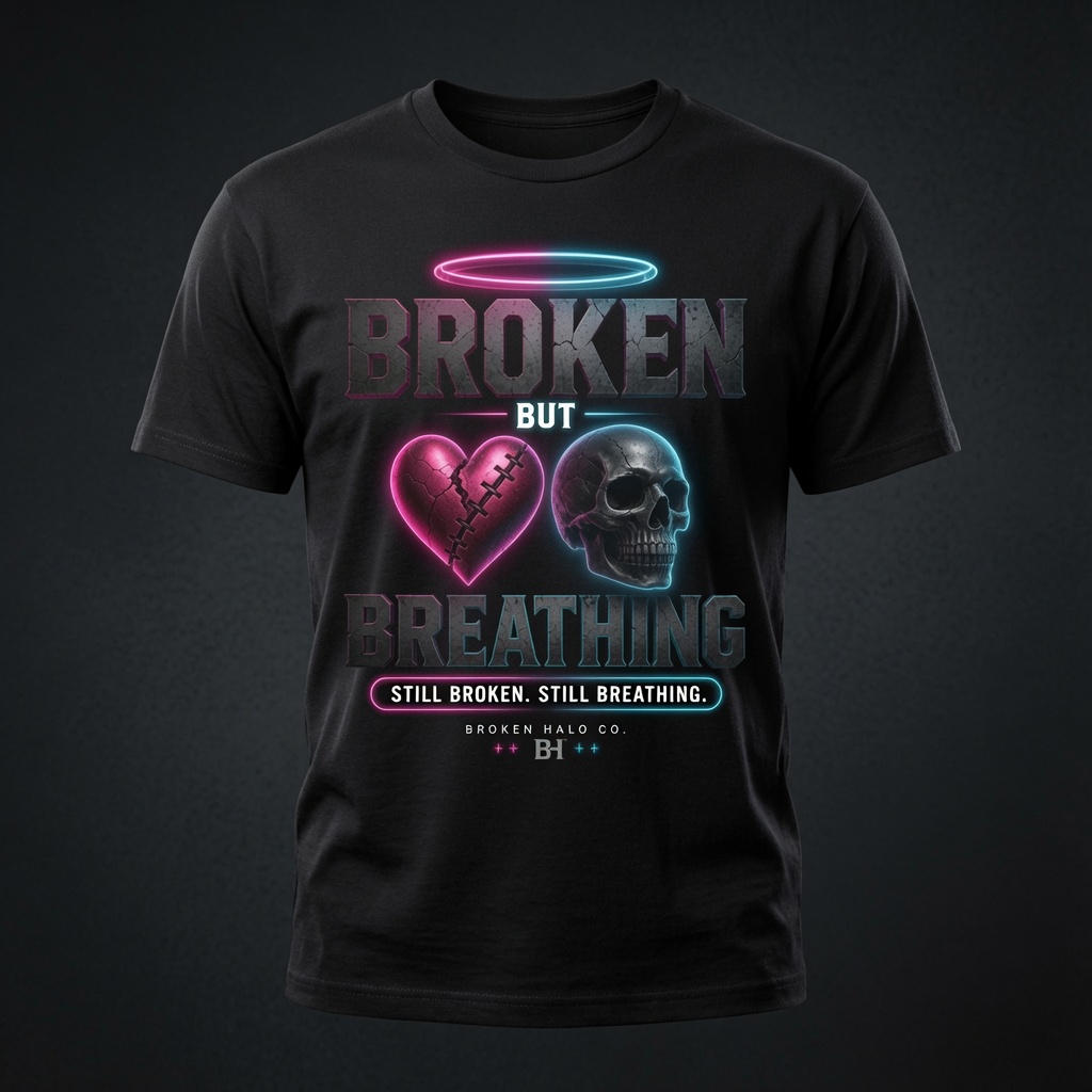 Broken But Breathing t-shirt mockup by Broken Halo Co.